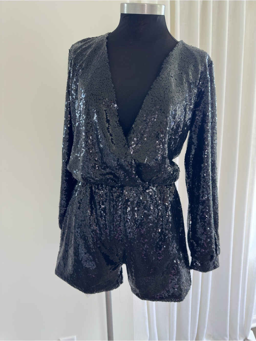 Black Sequin Long-Sleeve Wrap Romper